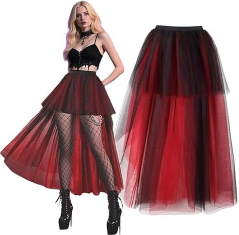 LUKIUP Jupe Tulle Femme Avant Court Arrière Longue, Jupe Tulle Asymétrique Tutu Multi Robe Tulle pour Soirée Spectacle Festival Carnaval Halloween Noir et Rouge