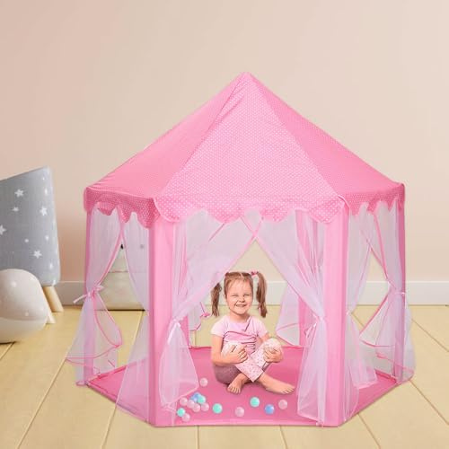Tienda para Niños Interior,Casa De Juegos, Casa De Juguete para Juegos De Interior, Tejido De Poliéster + Soporte Metálico Rincón Acogedor para 3 A 13 Años, Ø 140 cm Hexagonal Rosa