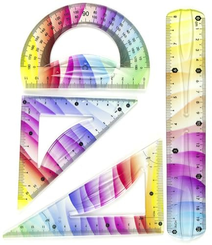 Set di righelli in plastica flessibile per geometria e disegno: kit da 4 pezzi con bordo dritto, due righelli triangolari e goniometro a semicerchio, doppia scala metrica/imperiale, pieghevole e