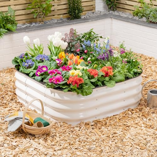 CHRISTOW Square Raised Garden Bed, Cream, 90cm x 90cm | Galvanised Steel Construction, Raised Design for Healthy Growth, Open Base for Drainage, Removable Protective Rubber Rim