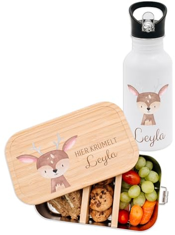 wunderwunsch Set Trinkflasche + Brotdose, Lunchbox Bento Box personalisiert für Schule, Kita, Kindergarten in 3 Varianten und 12 Designs mit deinem Namen (Reh)