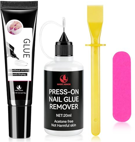 Nagellim gel 15 g + borttagare 20 ml för press-on-nagelspetsar, ingen UV-lampa krävs gelnagellim, snabbtorkande, ett långvarigt kit för konstgjorda akrylnaglar, limgel