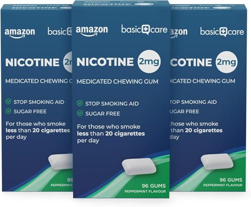 Amazon Basic Care Nicotine Gums, Stop Smoking Aid, 2mg Regular Strength for Light Smokers, Mint Flavour, 288 Count (3 Packs of 96)