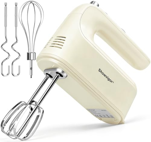 300W Electric Hand Mixer, 5 Speed Handheld Mixer with 5 Stainless Steel Beaters, Includes Dough Hooks & Whisks for Baking, Mixing, Whisking Eggs & Cream(Beige)