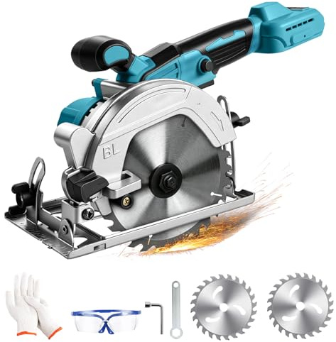 Sierra circular de mano con batería de 140 mm para Makita 18 V batería (sin batería), motor sin escobillas 0-6500 RPM, ángulo de corte 0-45°, profundidad de corte 45 mm (90°) 25 mm (45°), para madera