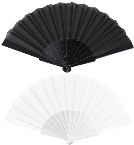 2Pcs Hand Fan Folding, Handheld Folding Fan, White Blackfolding Hand Fans, Chinese Foldable Handheld Fans, Manual Fan, for Women Men Dancing Wedding Summer Festival Party Gift Performance Home Decor