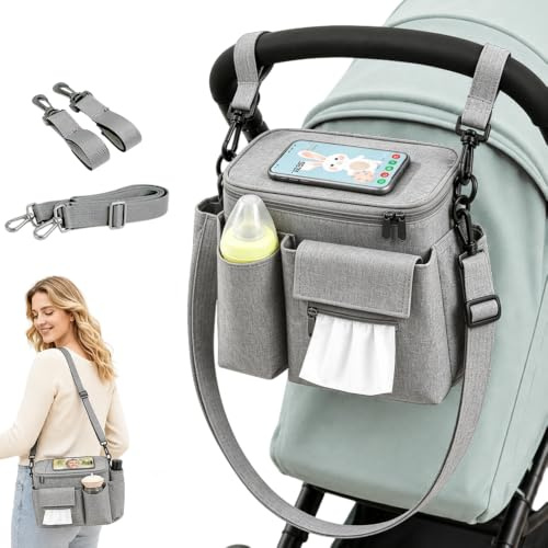 WDKXCN Organisateur Poussette Universelle, Sac Organisateur pour Poussette avec Fermeture Éclair, Porte-gobelet, Pochette pour Téléphone et Bandoulière Réglable, Sac de Rangement pour Poussette, Gris