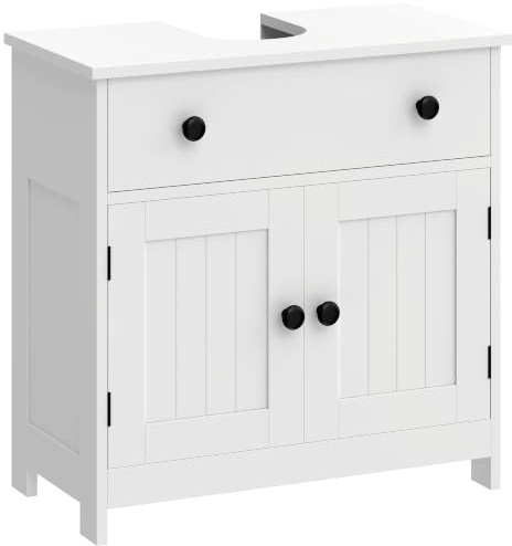 HOMCOM Meuble sous lavabo Charnières Fermeture Douce 60 x 30 x 60 cm Blanc | Meuble de Salle de Bain Moderne, Tiroir, 2 Portes, Découpe en U pour Lavabo sans Colonne