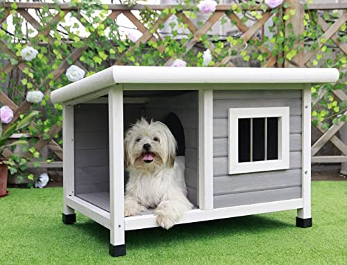 Petsfit Hundehütte Outdoor aus Holz, Hundehaus Hunde Hütte mit Balkon mit Asphalt Dach Katzenhaus Outdoor Winterfest mit Terrasse & Fenster, 85x62x52cm, Hellgrau