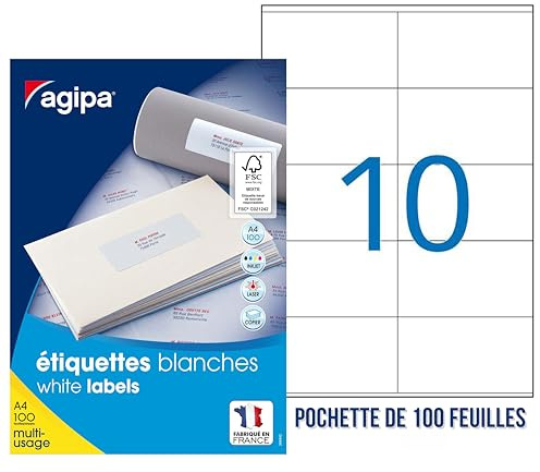 APLI AGIPA 119013 - Étiquettes autocollantes blanches 105 x 57 mm - 1000 étiquettes / 100 feuilles A4 - Adhésif permanent - compatibles laser, jet d’encre et copieur - Idéal bureau, envois & adresse