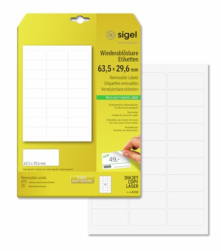 SIGEL Ablösbare Etiketten 63,5 x 29,6 mm 675 Etiketten | LA210, Abgerundete Form und rückstandsfrei ablösbar