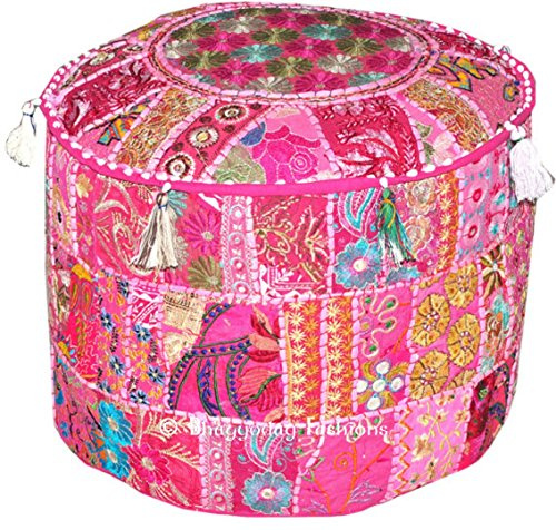 Indian Bohemian Patchwork Pouf Ottoman, Vintage Indian Pouf, pouffe, pouffes, Foot Stool, Round Pouf Ottoman, Bean Bag, Floor Pillow Ottoman Pouf, 14x22 Inch. By Bhagyoday by BhagyodayFashions