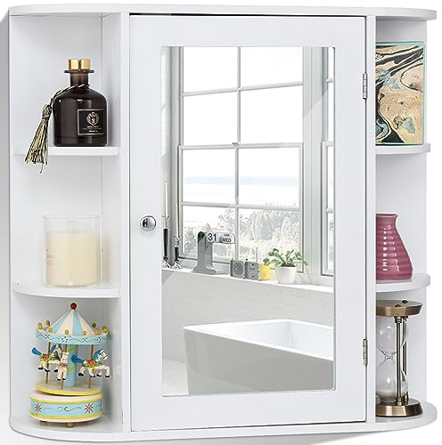 COSTWAY Armadietto da Bagno con Specchio in Legno, Bianco | Armadietto da Parete con Mensole Regolabili, Mobile dei Medicinali Multiuso per Bagno, Salotto e Cucina