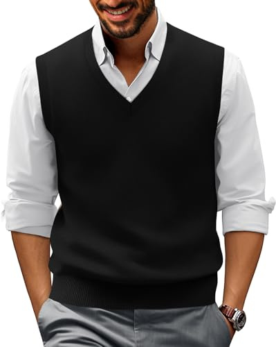 PJ PAUL JONES Mens Sweater Vest Casual Knit V-Neck Lightweight Soft (M, Black)