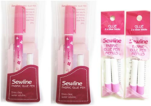 Sewline Stoffkleberstift, 2 Stück, plus 2 x Doppel-Nachfüllpackung, EPP, keine Nadeln, trocknet klar, zum Nähen und für Papier