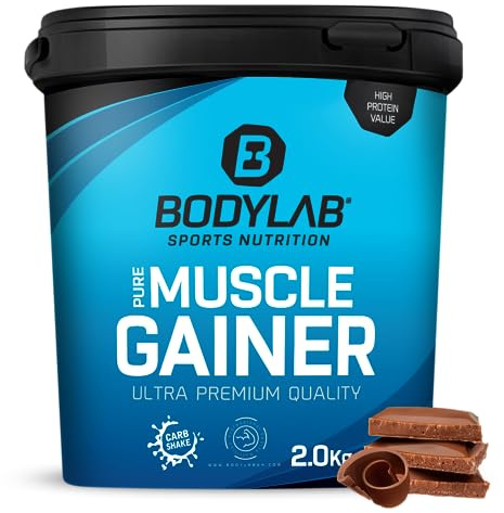 Bodylab24 Pure Muscle Gainer Chocolat 2000g, 33g de glucides naturels, 40g de protéines et 12g de lipides pour 100g, enrichi en créatine monohydrate, shake parfait pour la prise de masse
