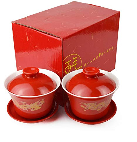 Gaiwan 2 Suits Porcelain Teacups 8oz Cups Chinese Dragon and Phoenix Cover Bowl Saucer Red tureen for Wedding Party (Dragon phoenix)