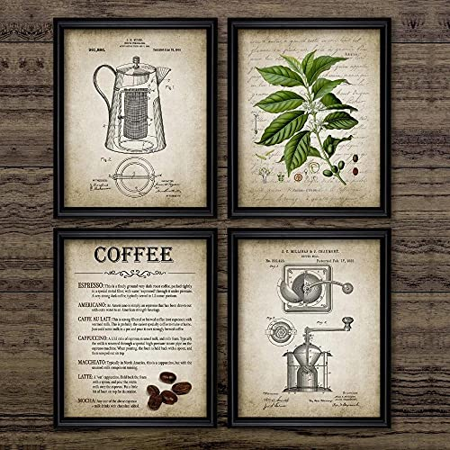 Kaffeezubereitung Vintage Poster Print Kaffee Perkolator und Kaffeebohne Wandkunst Leinwand Malerei Arten Von Kaffee Bild Wohnkultur Ungerahmt-40X50cmx4