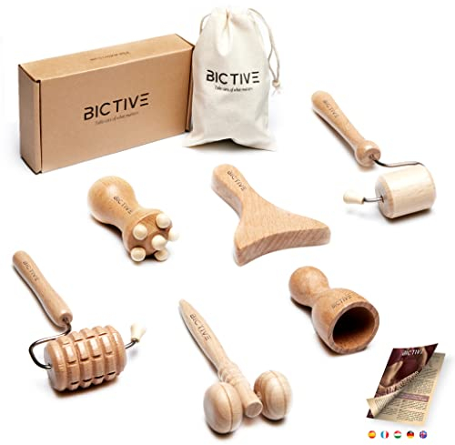 BICTIVE® Kit Maderoterapia Viso 6 Pezzi Con Borsa - Rullo Massaggio, Massaggiatore Antirughe, Guasta Set, Roller Visage, Legno, Face Roller, Skincare Set Completo