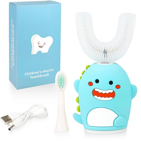Renaelelife Kids Sonic Electric Toothbrush U Shaped Automatic Timer IPX7 Waterproof 5 Modes 360° Oral Cleaning Teeth Whitening Gums Massage Replaceable Soft Cartoon for 7-15 (Blue Dinosaur)
