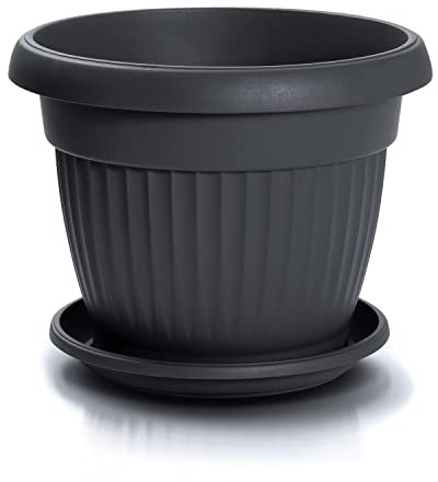 IMJ-Global Vaso con Sottovaso per piante Fiori DCE30-POD25 TERRA Tondo Ø30cm da interno esterno Nero 8 Litri Ø30x23,5 cm design Classico Fioriera in plastica da balcone Grigio Antracite