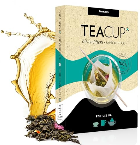 finum® TEACUP 60 Filters + Bamboo Stick Teebeutel Für Losen Tee aus Papier Kompostierbar Teefilter Papier FSC Zertifiziert Filter Für Tassen u. Kannen