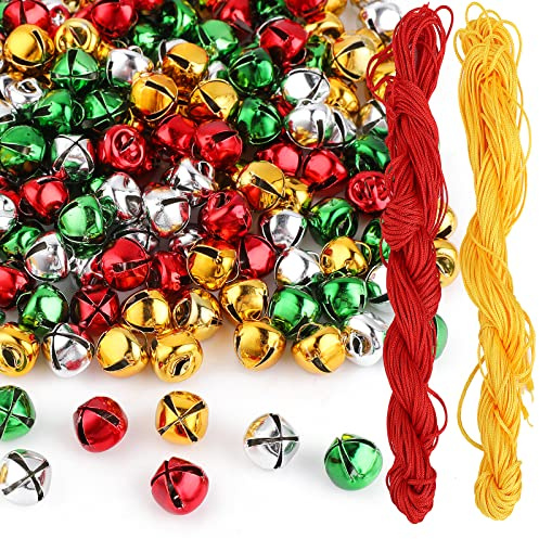 cobee Bunte Glocken Kleine Glocken, 200 Stück Bunte Weihnachtsglocken mit Schnüren DIY Weihnachten Mini Metall Bell Verschiedene Weihnachtskranz Ornament Glocken für Ferienhaus Festival