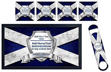 ShopQuality4U Personalise Scottish Bar Set - Bar Runner, Table Coasters, Bottle opener - Scotland Shield Flag Themed