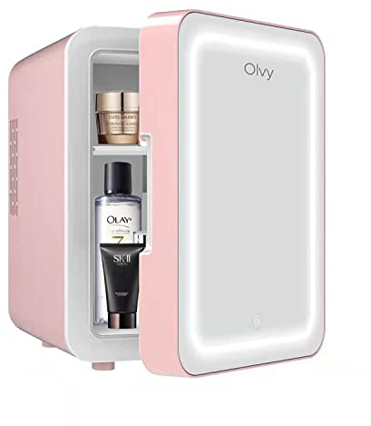 Olvy Frigorifero Cosmetico 4 Litri, Mini Frigo Portatile con Specchio LED, Piccolo Frigo per Cura della Pelle, Raffreddamento e Riscaldamento per Camera, Rosa
