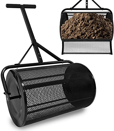 NAIZY Épandeur de compost 40 x 65 x 110 cm Machines d'épandage Remplissable 81 l - Épandeur de gazon en acier - Épandeur d'engrais avec éponges, poignée - Polyvalent - Pour compost, engrais, semences