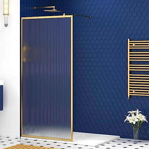 Luxor 1000mm Walk in Wet Room Fluted Shower Screen for Enclosure with Brushed Brass Frame 8mm Easy Clean Toughened Safety Glass & Top Support Arm - 1950mm Tall