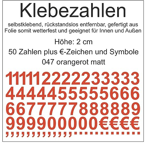 Aufkleber Sticker Klebezahlen Klebezahl Zahlen Zahl Nummern aus Folie 50 Zahlen orange rot orangerot matt Höhe 2 cm selbstklebend wetterfest Nummerierung Preisauszeichnung Beschriftung Modellbau