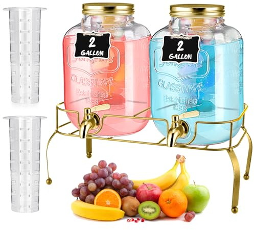 Lallisa 2 Pcs 2 Gallon Glass Drink Dispenser with Stand Ice Cylinder Hanging Chalkboard Signs 18/8 Stainless Steel Spigot Beverage Dispensers for Parties Mason Jar Drink Lemonade (Gold)