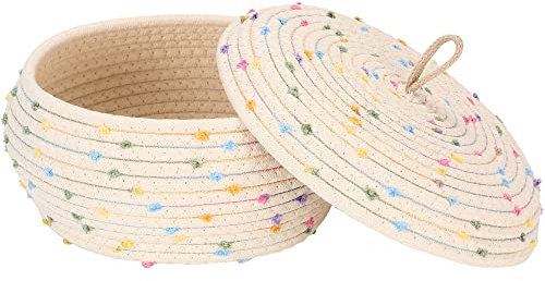 Sea Team runder Baumwollseilkorb mit Deckel, farbenfroher Regenbogen-Pompom-Webkorb, Topf, Caddy, Organizer, Behälter für Snacks, Handtücher, Pflanzen,10 x 4.5 Zoll (Klein,Flach,Regenbogen)