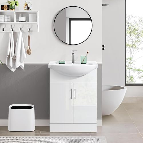 Yaheetech Bathroom Vanity Unit with Ceramic Sink, Floor Standing Bathroom Vanity with 2 Doors, Wooden Storage Cabinet, White