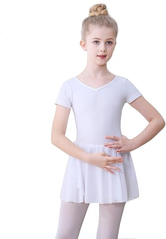 FONLAM Dansklänning Balettklänning Bomull Flickor Kortärmad Balett Trikåer Dansdräkt Balettkläder Barn (9-10 år, Vit)