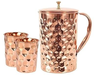 TreegoArt Copper Diamond Design 2000 ml Krug und 2 Kupferglas für Zuhause und Küche, Trinkgeschirr, Geschenk-Set, 3 Stück