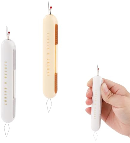 2pz Taglia Asole Infila Ago 2 in 1, Integrato Taglia Asole e Infila Aghi Multifunzionale Strumento per Infilare l'Ago per Cucito Lavori a Maglia Punto Croce Quilting (Grigio, Giallo)