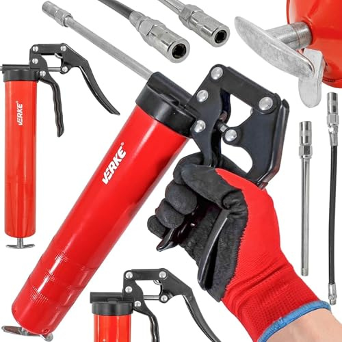 Verke Ingrassatore Manuale, Cilindro in Acciaio da 500 ml, Pistone in Gomma, Set con Punte Rigide e Flessibili