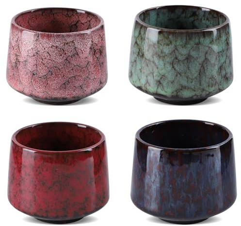 Japanische Teetasse aus Keramik, 4 x 170 ml Ofenveränderte Glasur Asiatische Tassen (Mehrfarbig), Flammglasierte Keramikbecher Chinesische Teetasse Klein Ohne Henkel, für Heiße Oolong-Tee, Kaffee