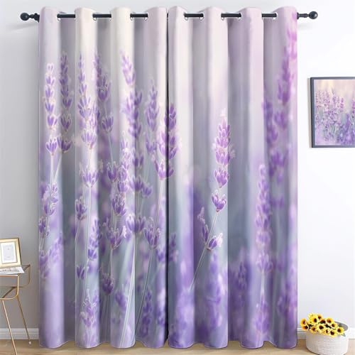 Curtains 3D Print Flowers Lavender Patterned Eyelet Thermal Insulated Blackout Window Drapes, Curtains Mauve for Bedroom Living Room Nursery Playroom W 66 x L 72 (2 Panels)