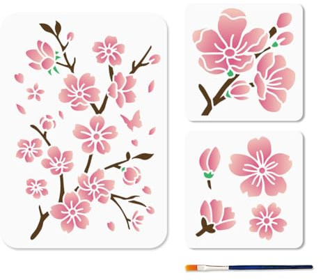 MAYJOYDIY 3 Stencil Fiore di Ciliegio 15×15/29.7×21cm Stencil per Pittura Ramo di Fiore Modello di Plastica Fiori Primavera per Pittura Su Legno Fai Da Te Artigianato Tela Da Parete