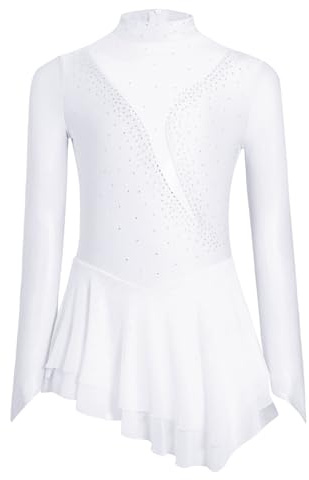 HULIJA Kinder Mädchen Eiskunstlauf Kleid Langarm Ballettkleid mit Strass Kürkleid Tanz Trikot Asymmetrische Rock Wettbewerb Tanzkleidung Weiß 122-128