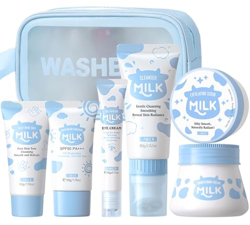 LAIKOU Milk Skincare Gift Set, Facial Skincare Kit for Women Teenage Girls, Cleanser, Exfoliating Scrub, Hand Wax, Eye Cream, Face Cream, & Sunscreen, Pamper Gifts for Women, Birthday Christmas