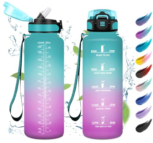 Trinkflasche Sport 1.5L, Auslaufsicher Wasserflasche Kohlensäure Geeignet, Trinkflasche mit Zeitmarkierung, Wasserflasche mit Strohhalm, Sportflasche für Oudoor, Gym, Camping, Fahrrad, Fitness