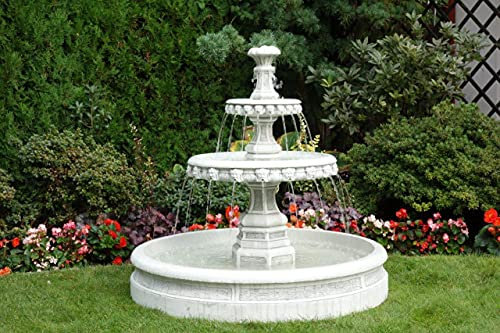 Fuente de jardín, 113 cm de ancho, 107 cm de altura, piedra de hormigón, pátina blanca y gris, resistente a las heladas