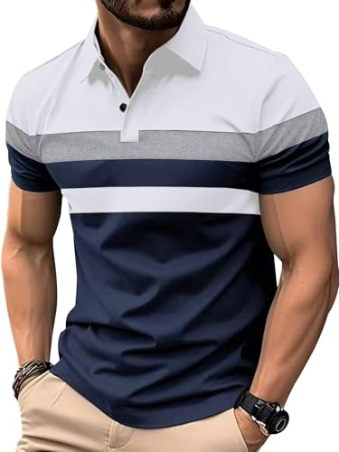 Comilaka Polo Hombre Manga Corta Rayas Camisa Color en Contraste Poloshirt Casual