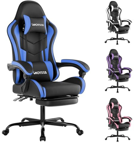 Gaming Chair with Footrest, Ergonomic Gaming Chair, Computer Chair with Lumbar Support, Head Rest, Height Adjustable PC Chairs with 360°-Swivel Seat for Office or Gaming, Black Blue