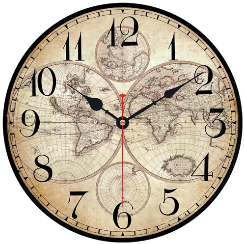 Toudorp 14 Inch Wooden Wall Clock Globe World Map Retro Vintage Rustic Wall Clocks Silent Non Ticking Clock Decorative for Kitchen Farmhouse Hotel