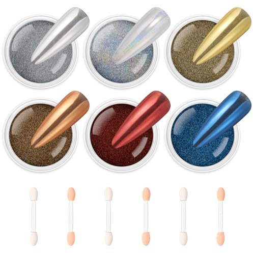 AIMEILI 6 Colores Polvos Acrílicos Para Uñas Efecto Espejo Arte de Cromo Pigmento Holográfica Manicura Decoración Chrome Láser Camaleón Uñas Nail Glitter Powder Con Seis Hisopos de Algodón